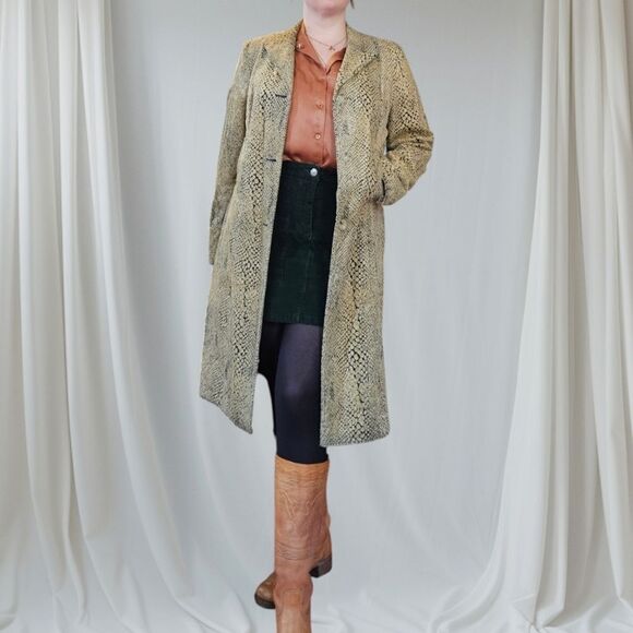 Worth New York Vintage Faux Fur Leopard Snake Print Long Line Midi Trench Coat M - Picture 1 of 16